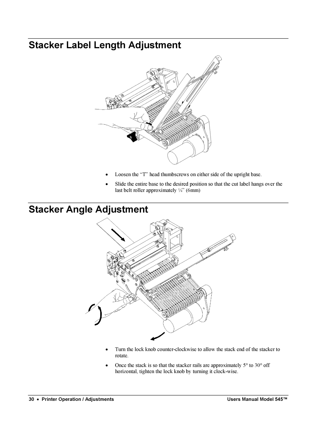 Paxar 545 user manual Stacker Label Length Adjustment, Stacker Angle Adjustment 