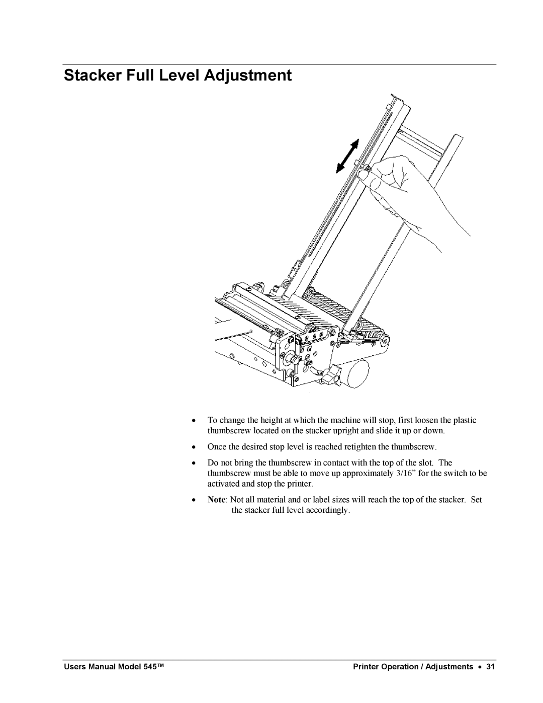 Paxar 545 user manual Stacker Full Level Adjustment 