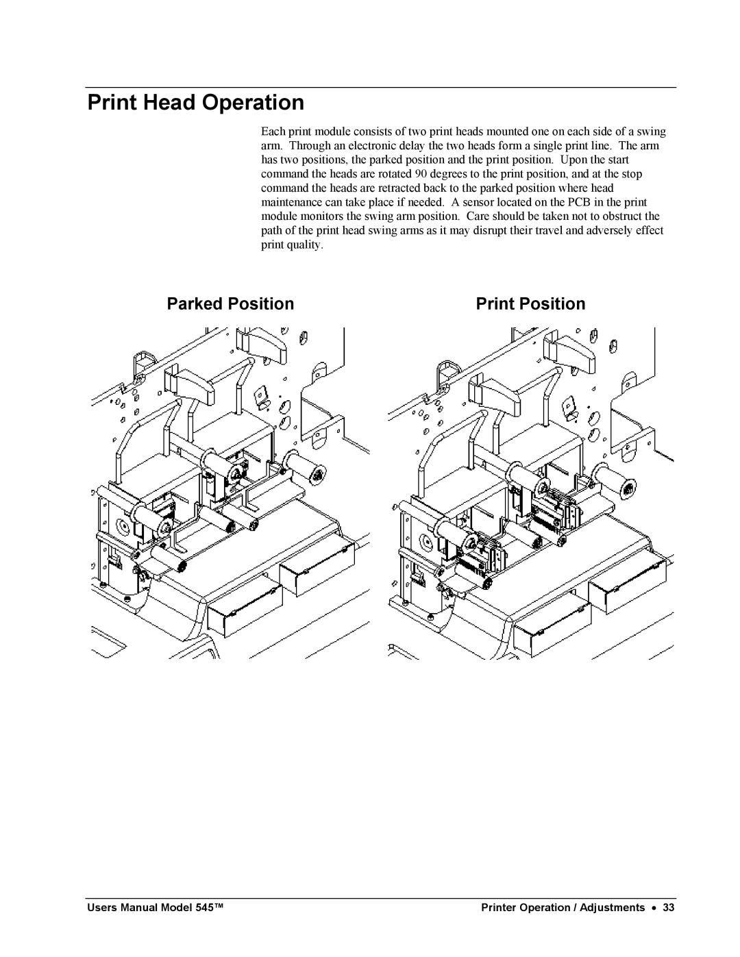 Paxar 545 user manual Print Head Operation, Parked Position 