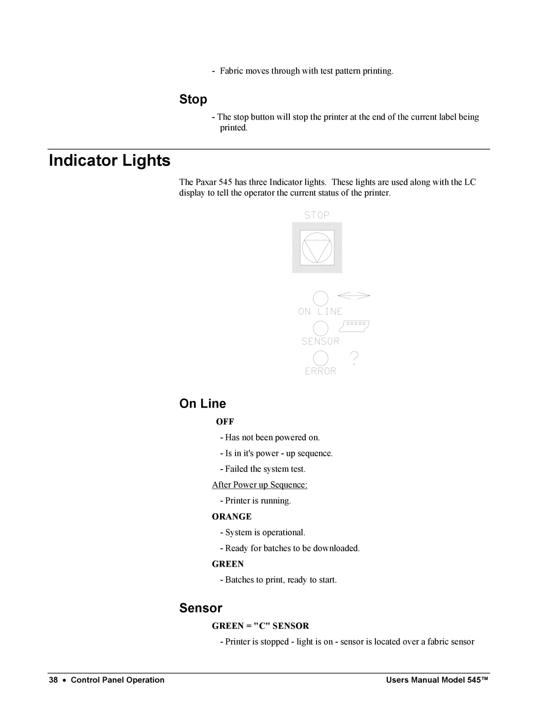 Paxar 545 user manual Indicator Lights, Stop, On Line, Sensor 