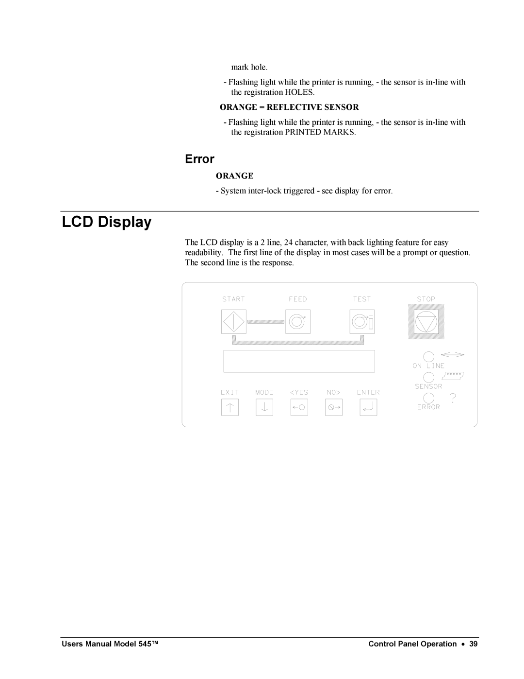 Paxar 545 user manual LCD Display, Error 