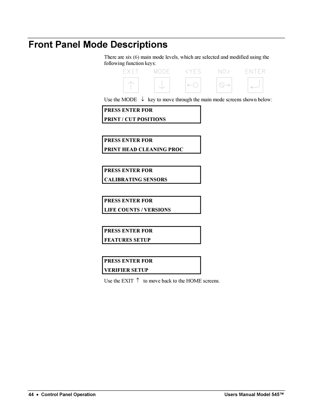 Paxar 545 user manual Front Panel Mode Descriptions 