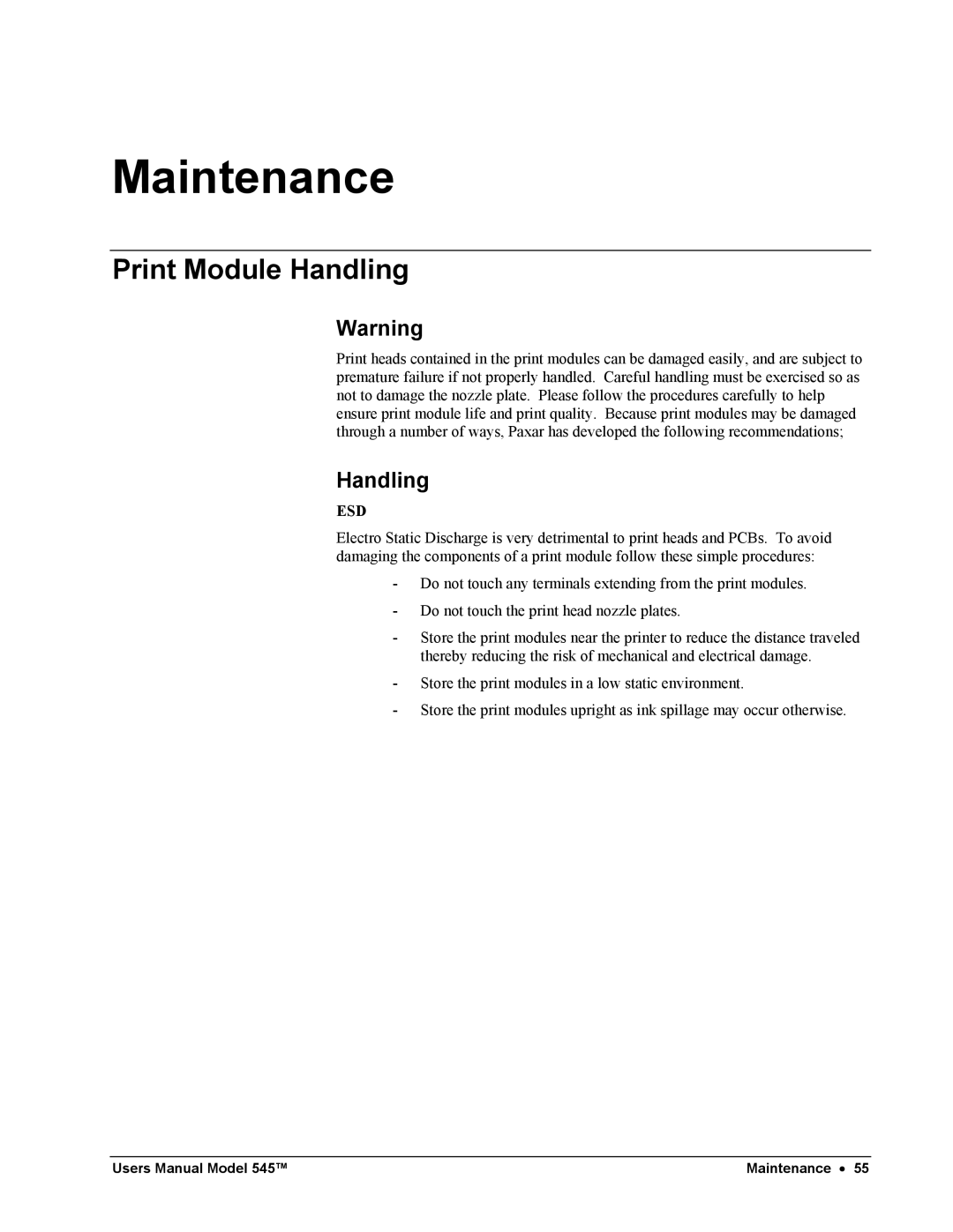 Paxar 545 user manual Maintenance, Print Module Handling 