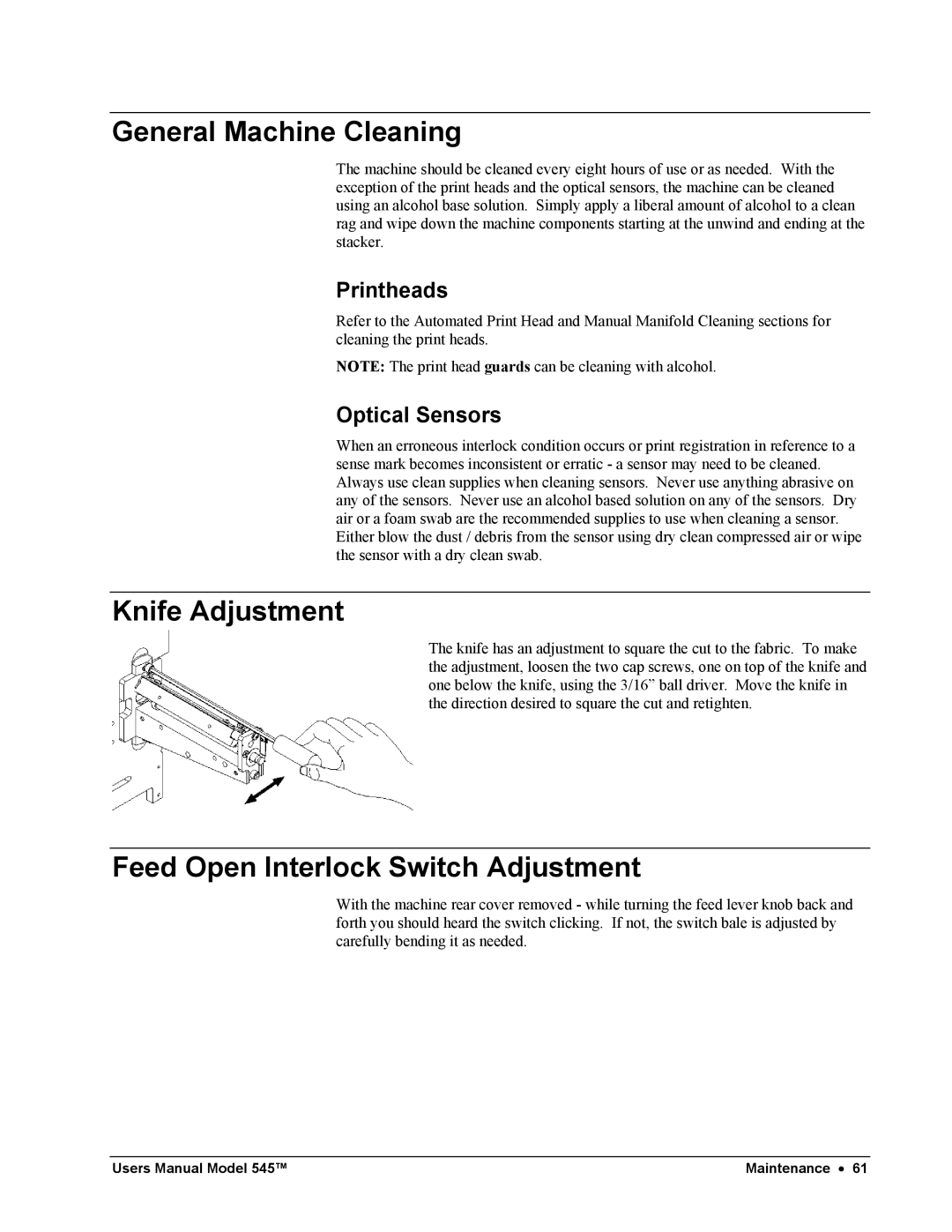 Paxar 545 General Machine Cleaning, Knife Adjustment, Feed Open Interlock Switch Adjustment, Printheads, Optical Sensors 