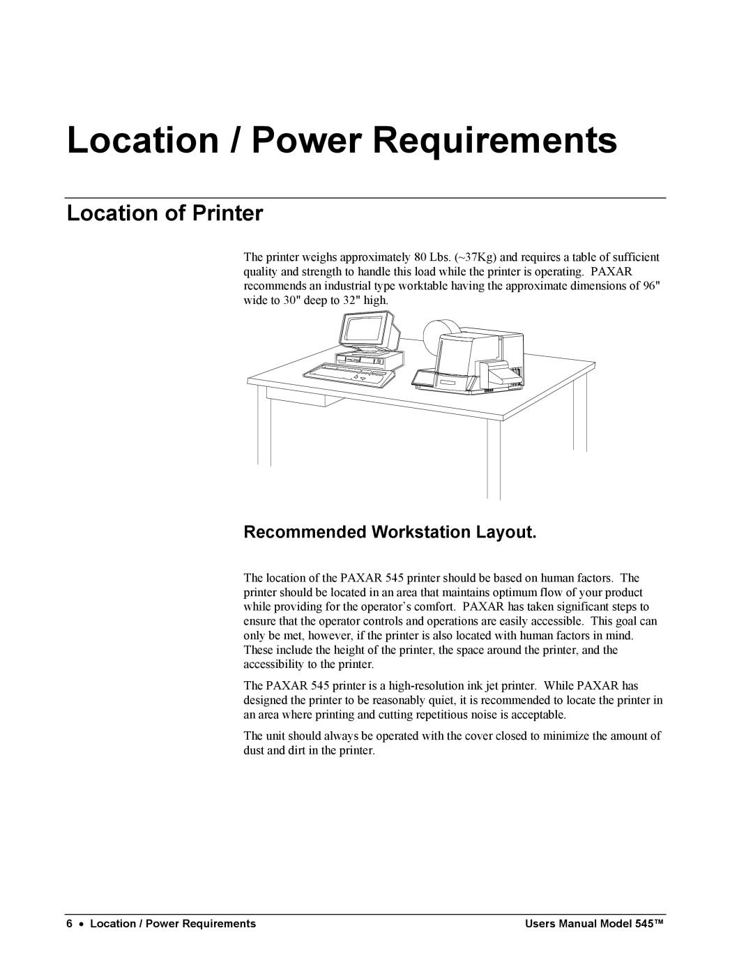 Paxar 545 user manual Location / Power Requirements, Location of Printer, Recommended Workstation Layout 