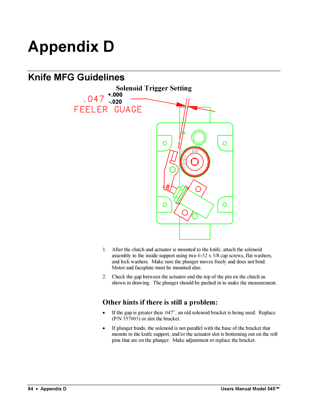 Paxar 545 user manual Appendix D, Knife MFG Guidelines 