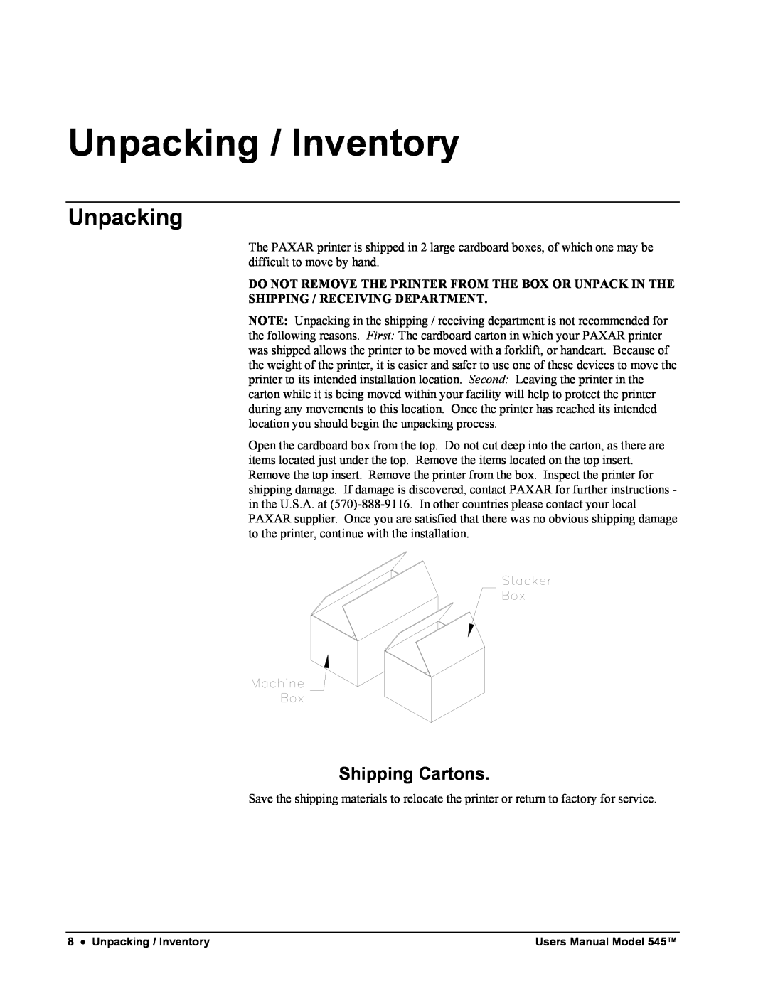 Paxar 545 user manual Unpacking / Inventory, Shipping Cartons 
