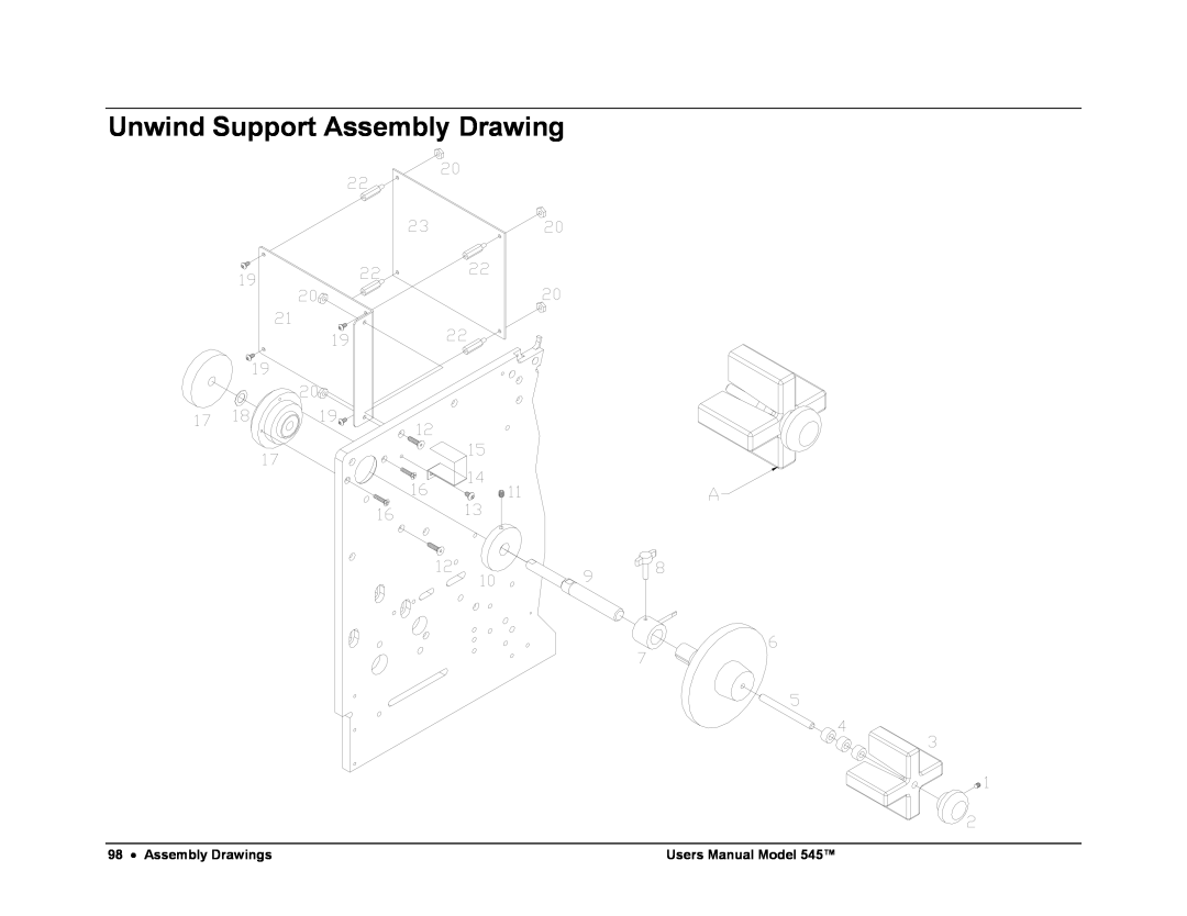 Paxar 545 user manual Unwind Support Assembly Drawing, Assembly Drawings, Users Manual Model 