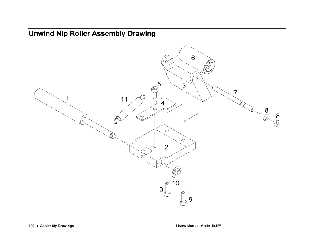 Paxar 545 user manual Unwind Nip Roller Assembly Drawing, Assembly Drawings 