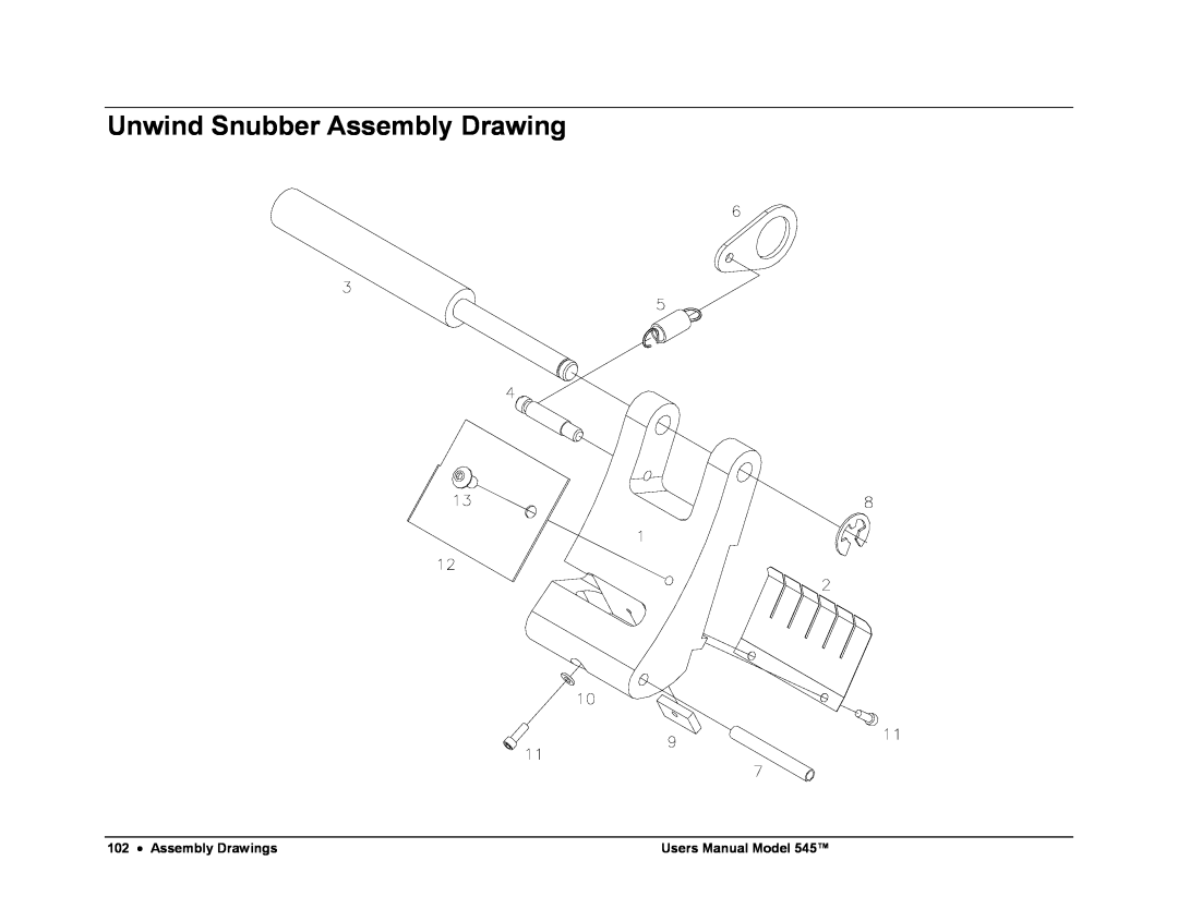 Paxar 545 user manual Unwind Snubber Assembly Drawing, Assembly Drawings, Users Manual Model 