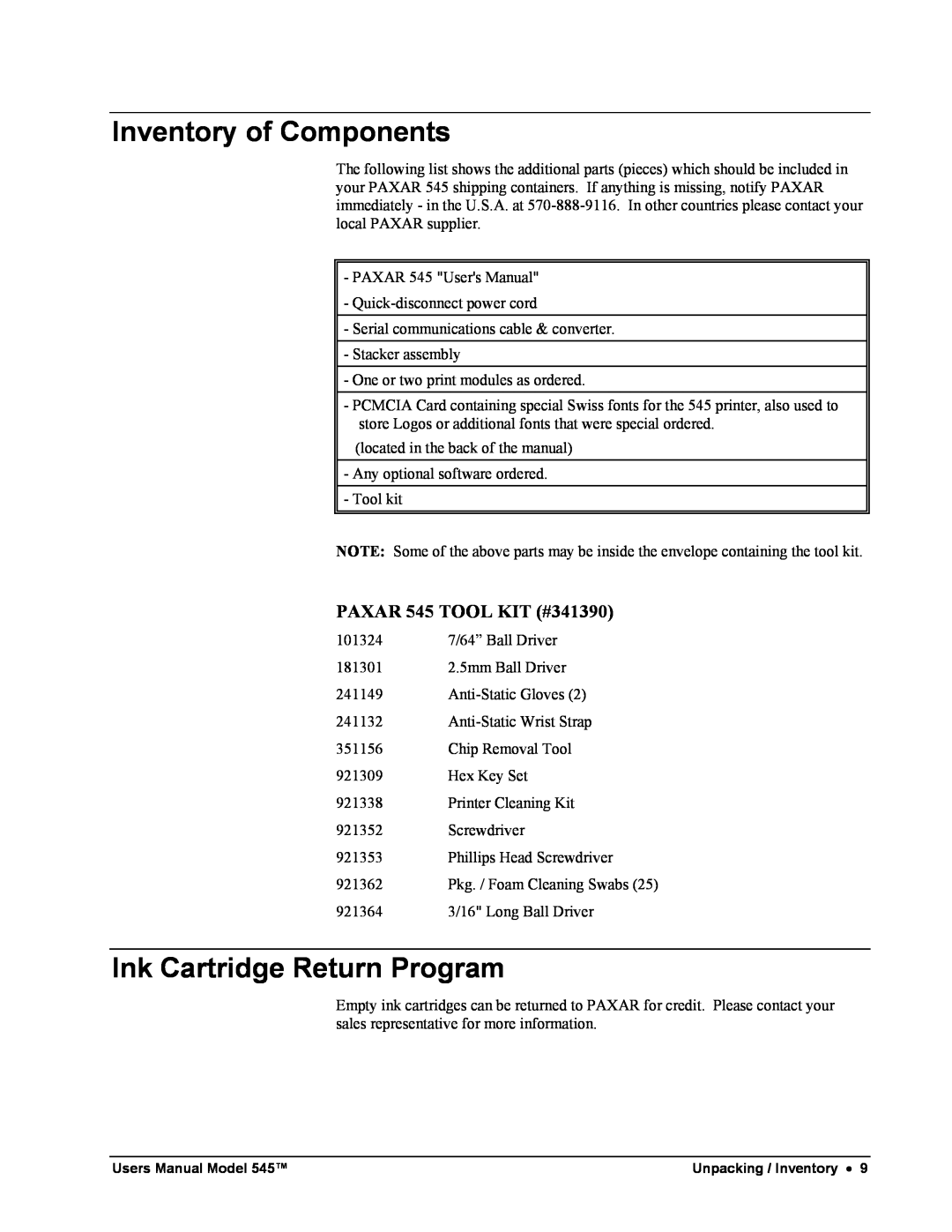 Paxar user manual Inventory of Components, Ink Cartridge Return Program, PAXAR 545 TOOL KIT #341390 