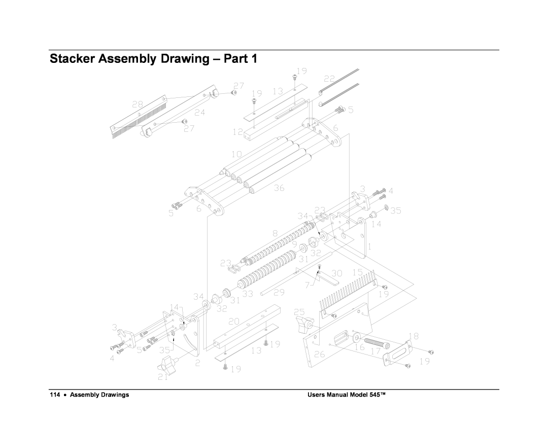 Paxar 545 user manual Stacker Assembly Drawing - Part, Assembly Drawings, Users Manual Model 