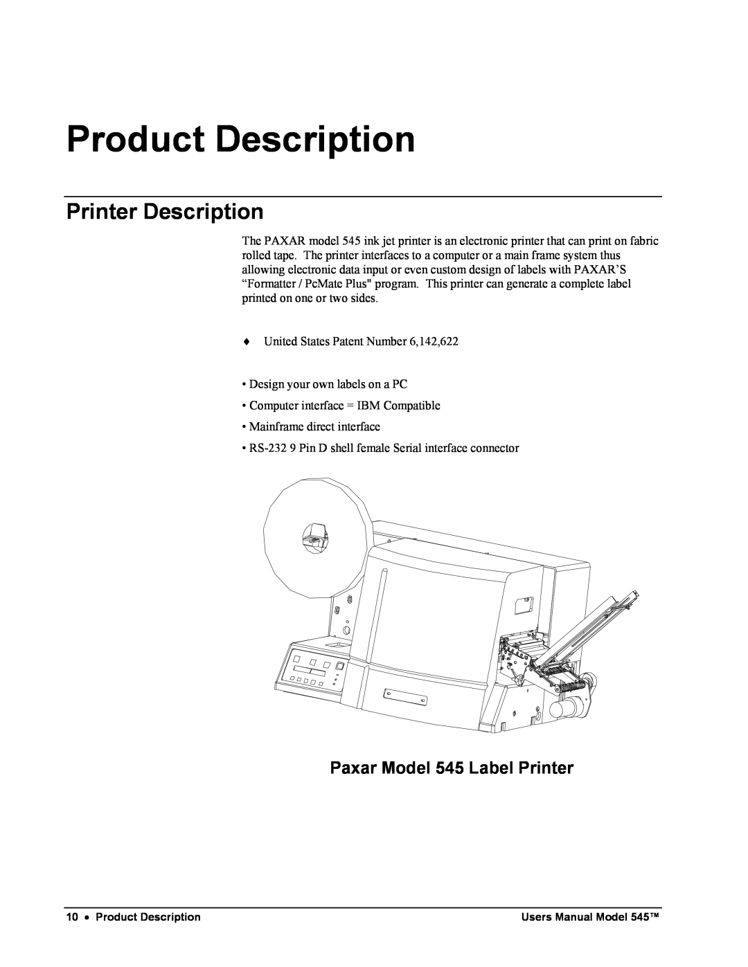 Paxar user manual Product Description, Printer Description, Paxar Model 545 Label Printer 