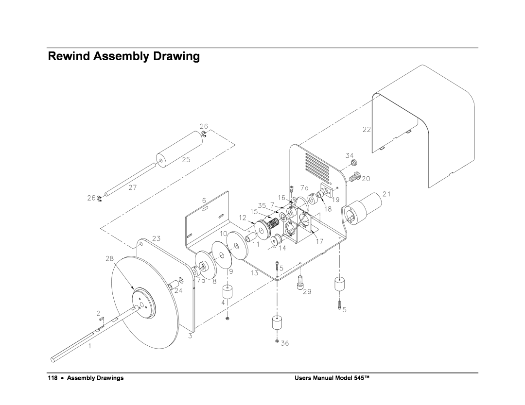 Paxar 545 user manual Rewind Assembly Drawing, Assembly Drawings, Users Manual Model 