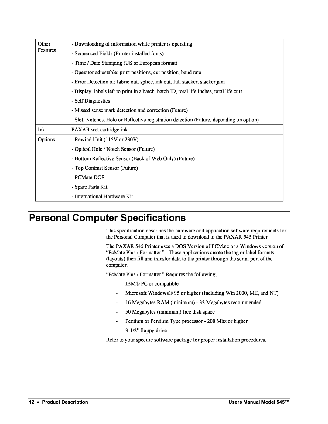 Paxar 545 user manual Personal Computer Specifications 