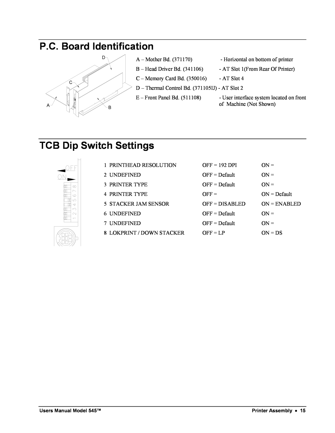 Paxar 545 user manual P.C. Board Identification, TCB Dip Switch Settings 