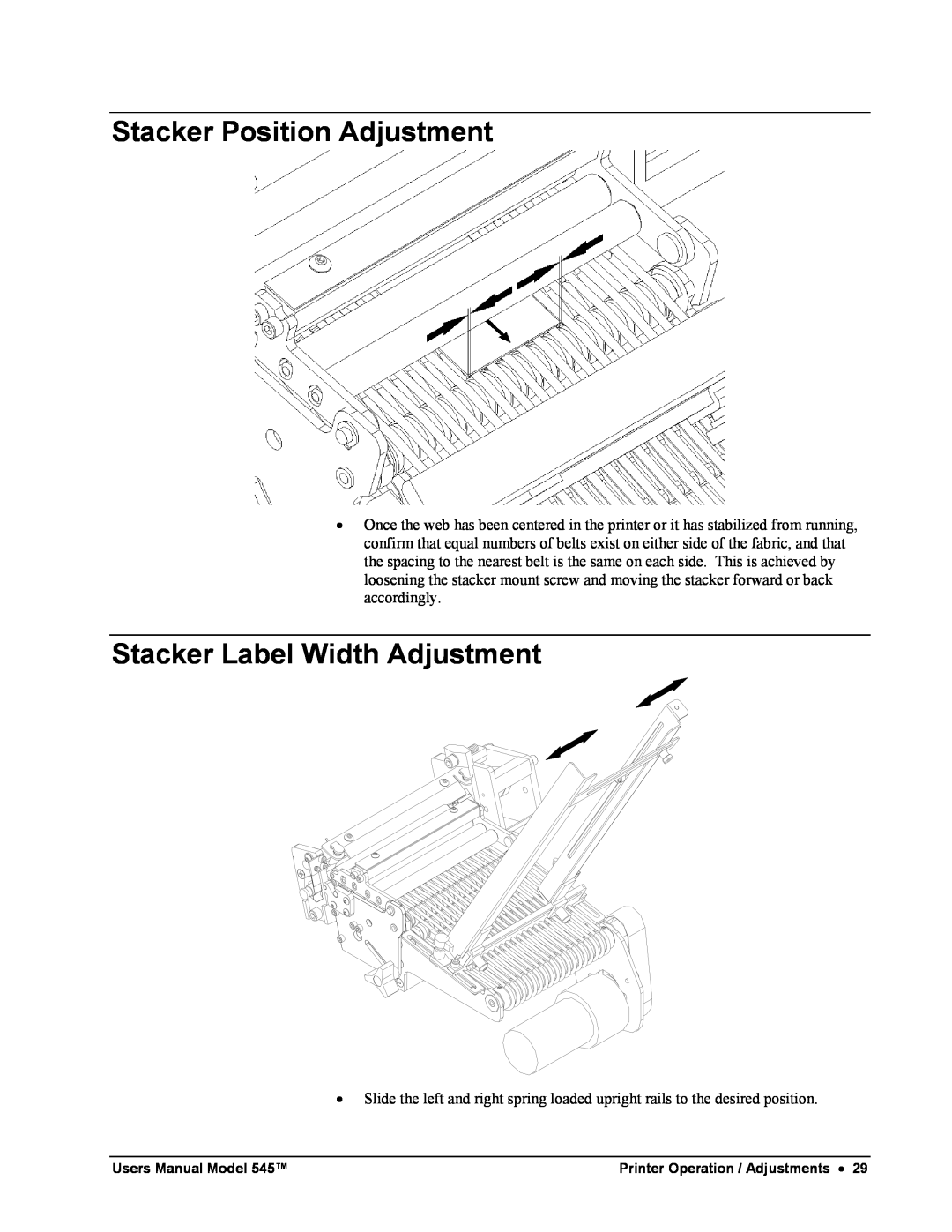 Paxar 545 user manual Stacker Position Adjustment, Stacker Label Width Adjustment 