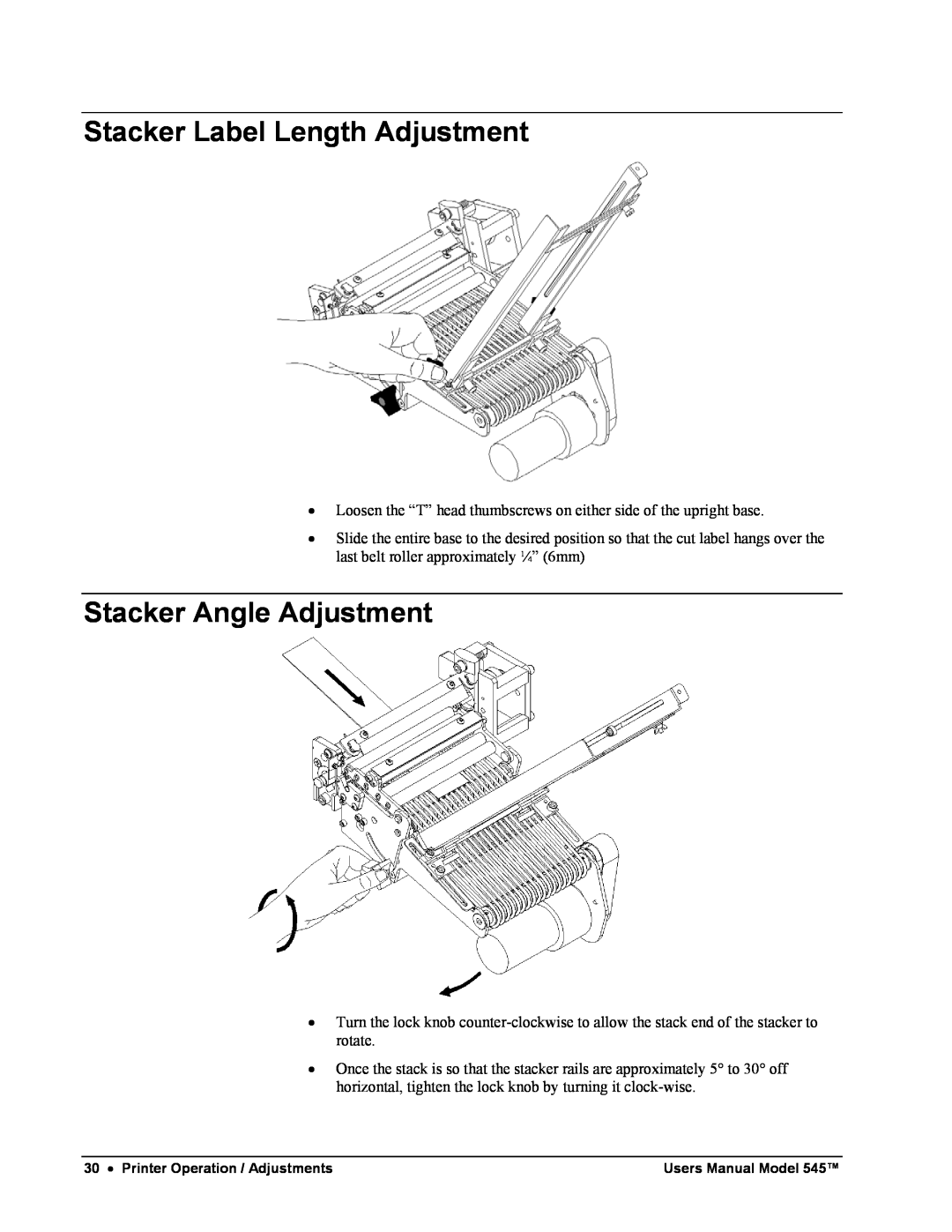 Paxar 545 user manual Stacker Label Length Adjustment, Stacker Angle Adjustment 