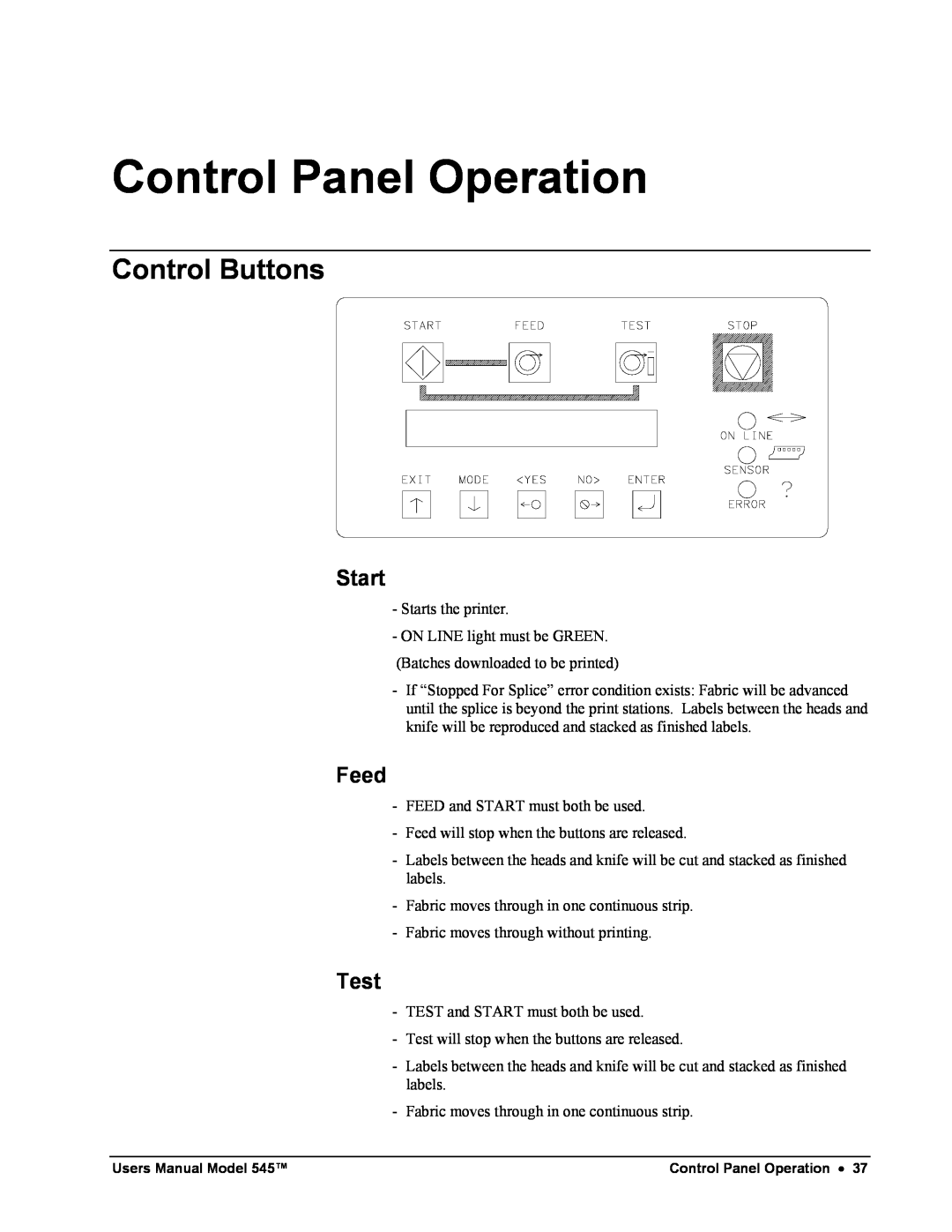 Paxar 545 user manual Control Panel Operation, Control Buttons, Start, Feed, Test 