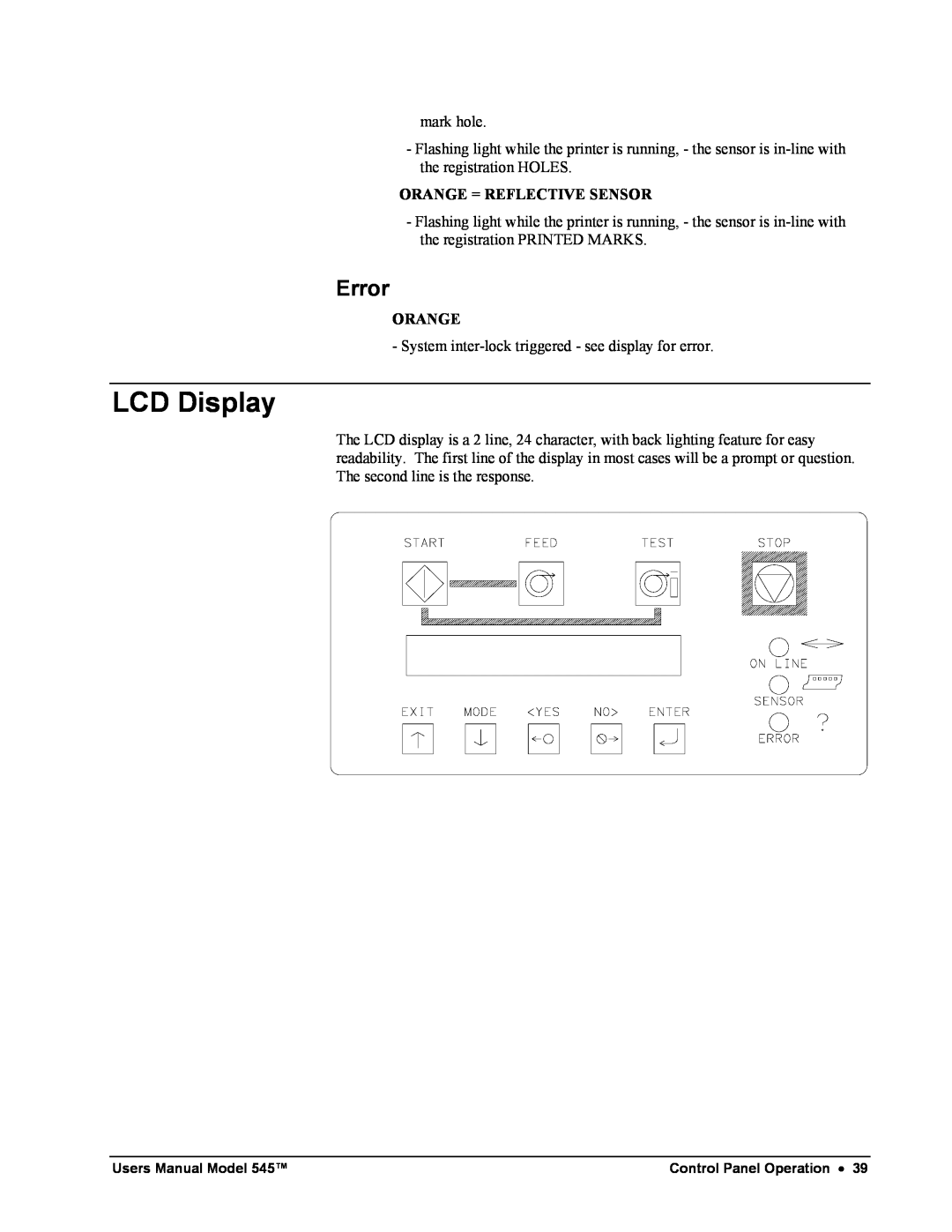 Paxar 545 user manual LCD Display, Error 