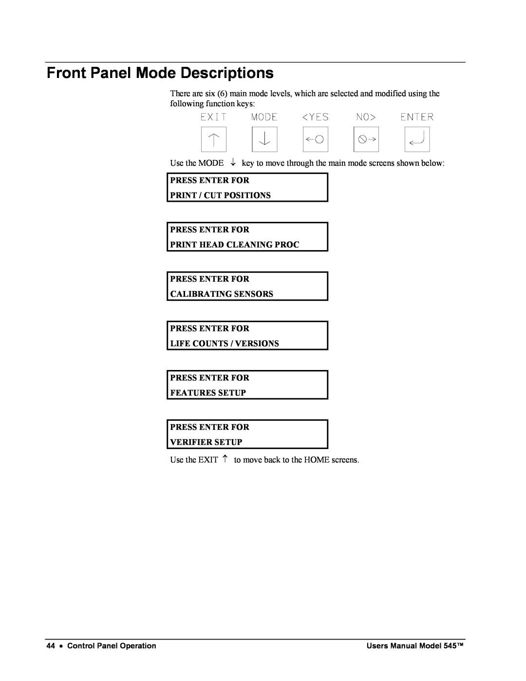 Paxar 545 user manual Front Panel Mode Descriptions 