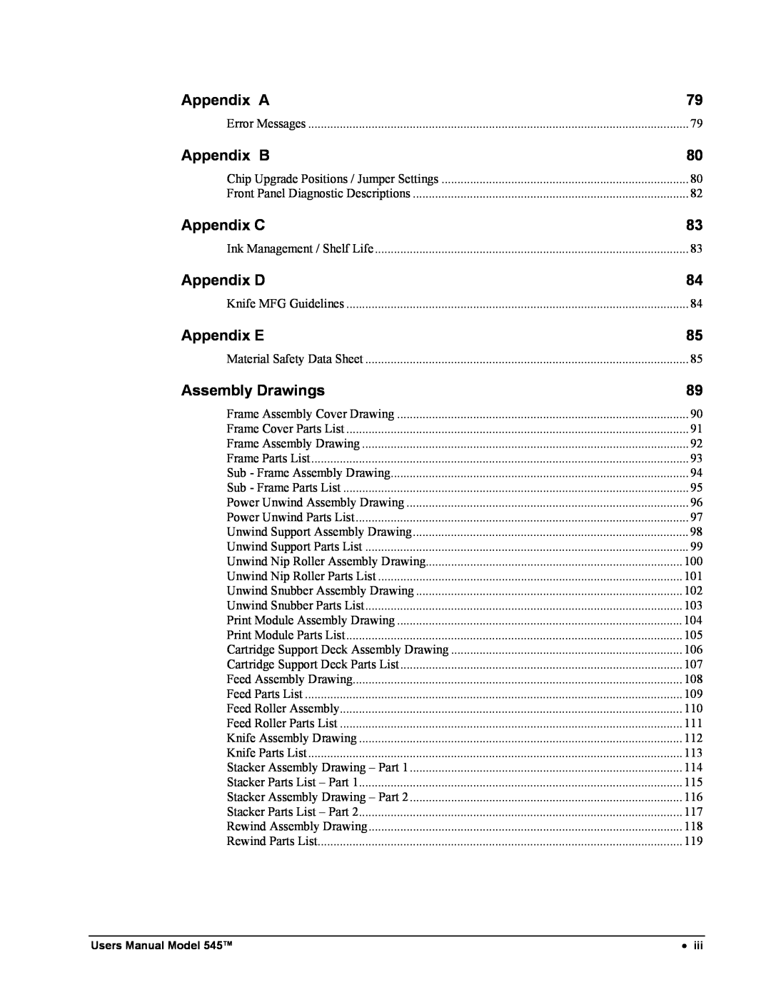 Paxar 545 user manual Appendix A, Appendix B, Appendix C, Appendix D, Appendix E, Assembly Drawings 