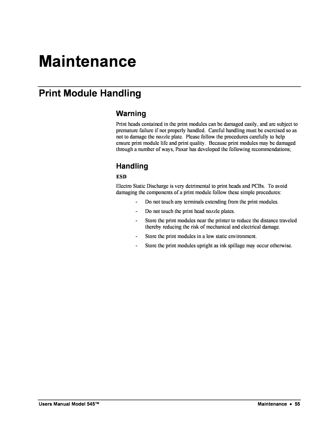 Paxar 545 user manual Maintenance, Print Module Handling 