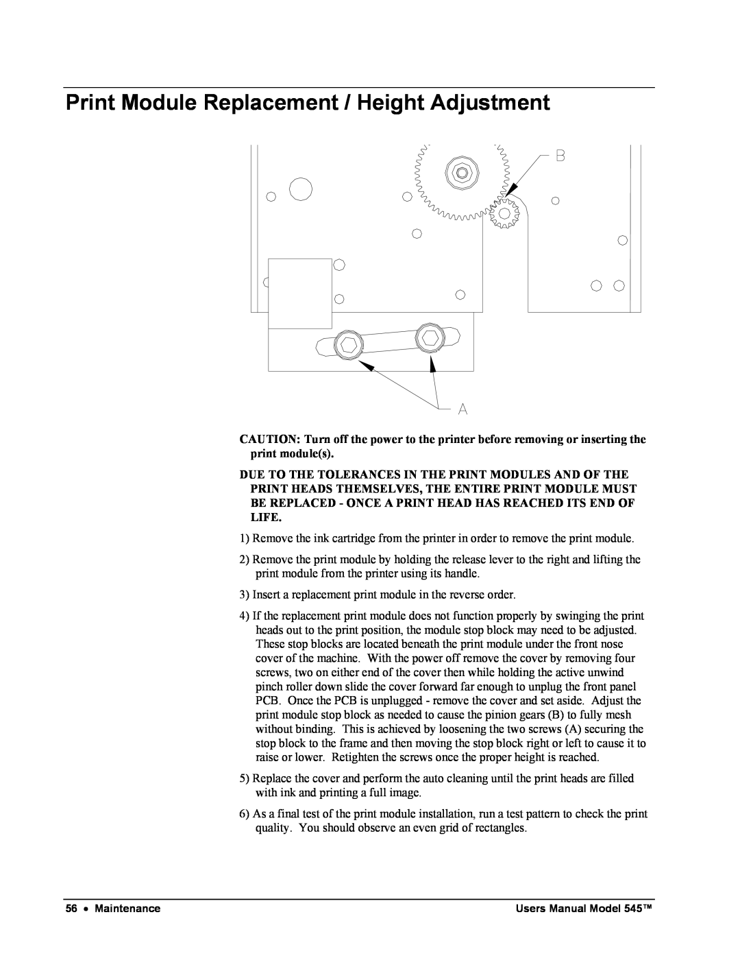 Paxar 545 user manual Print Module Replacement / Height Adjustment 