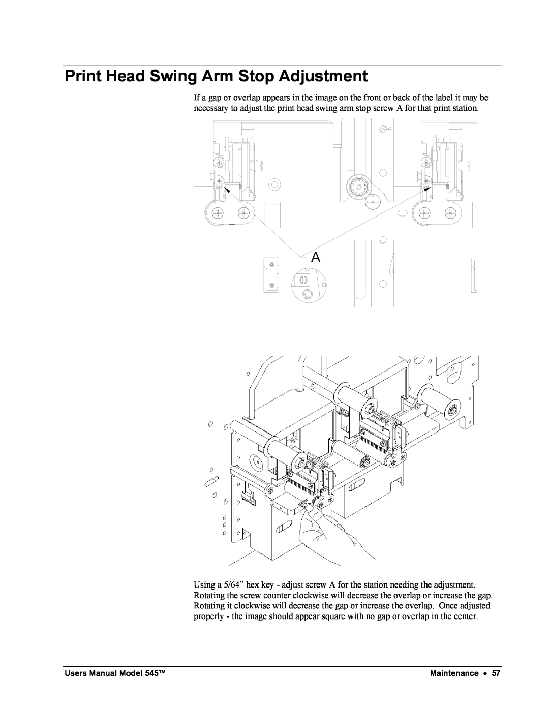Paxar 545 user manual Print Head Swing Arm Stop Adjustment 