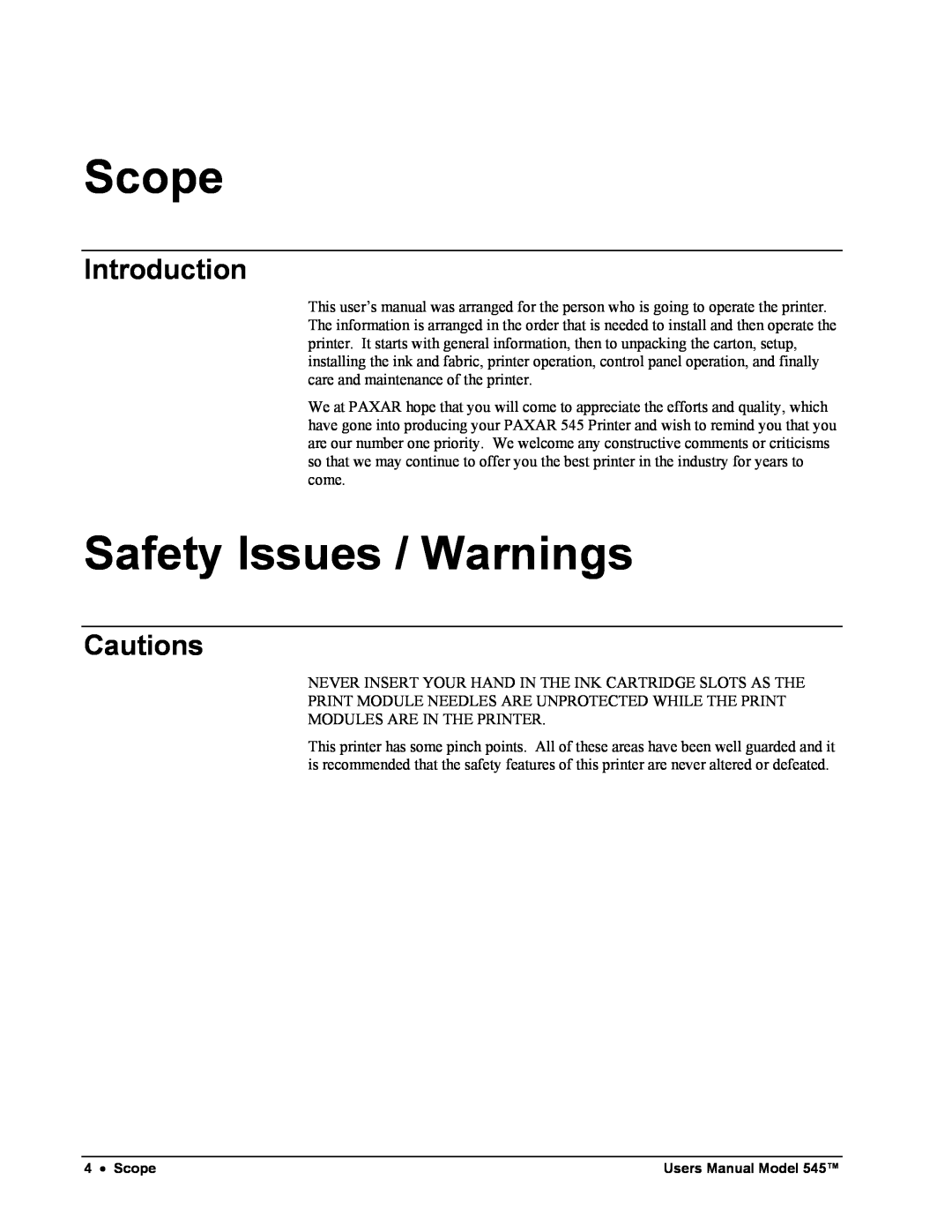 Paxar 545 user manual Scope, Safety Issues / Warnings, Introduction, Cautions 