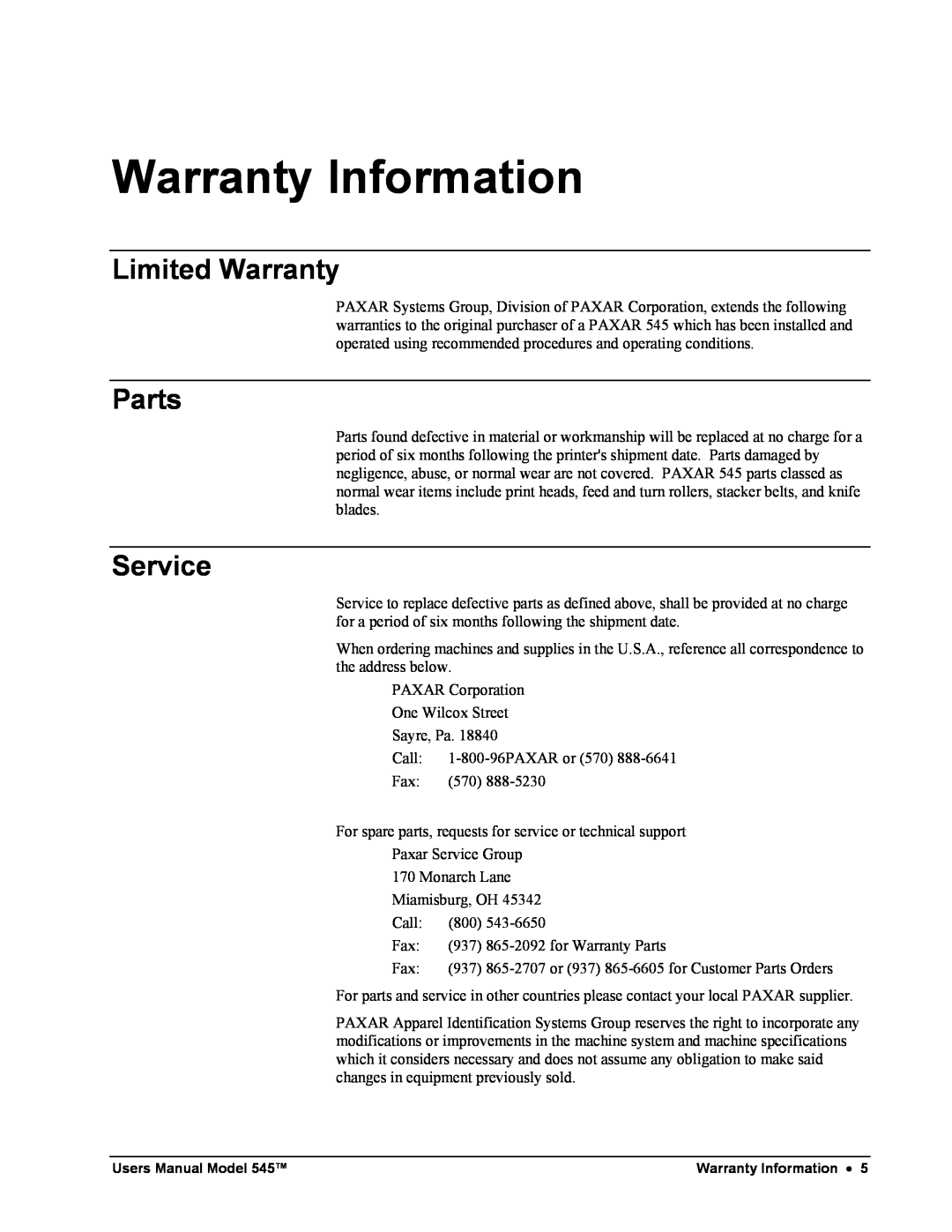 Paxar 545 user manual Warranty Information, Limited Warranty, Parts, Service 