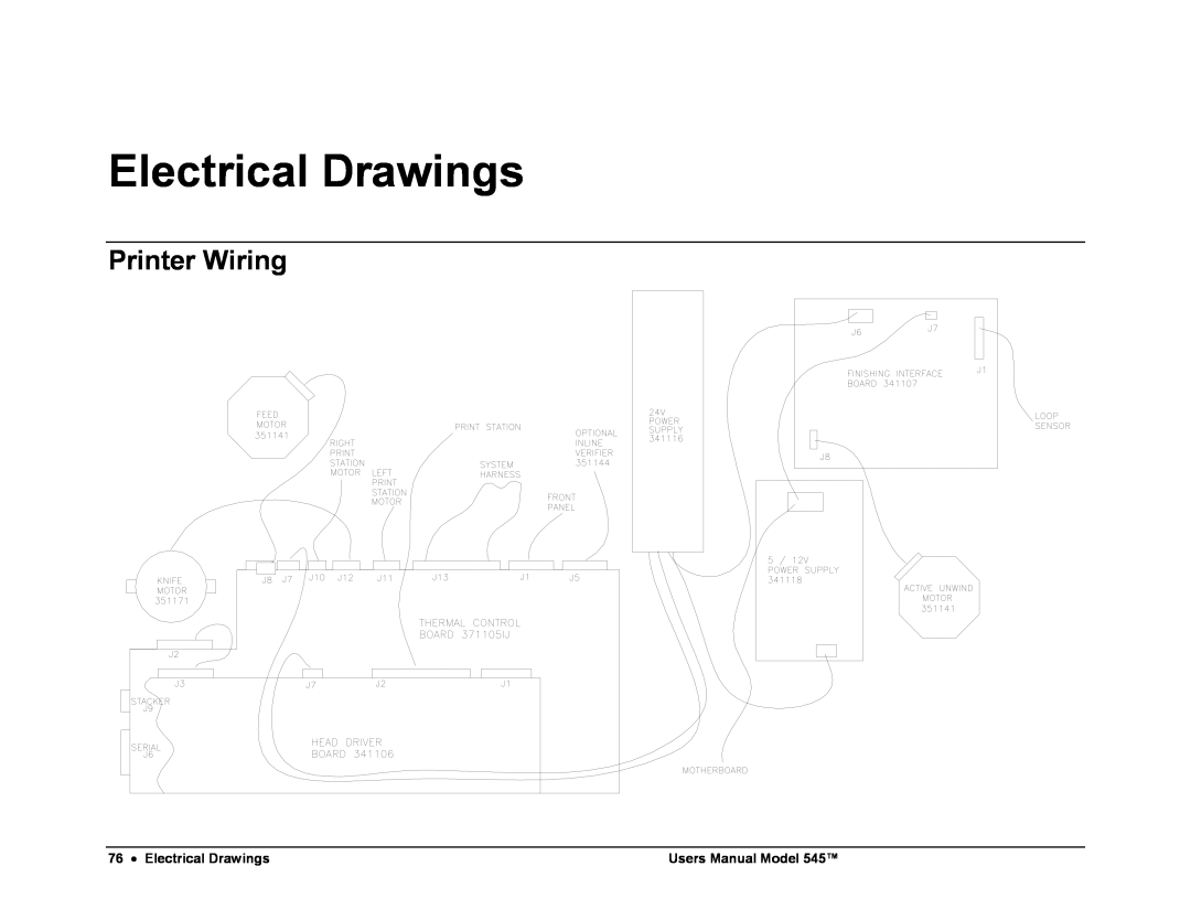 Paxar 545 user manual Electrical Drawings, Printer Wiring, Users Manual Model 