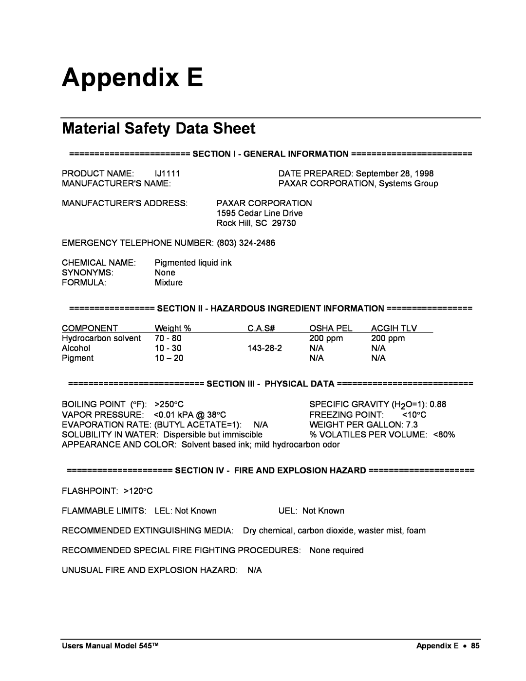 Paxar 545 user manual Appendix E, Material Safety Data Sheet 