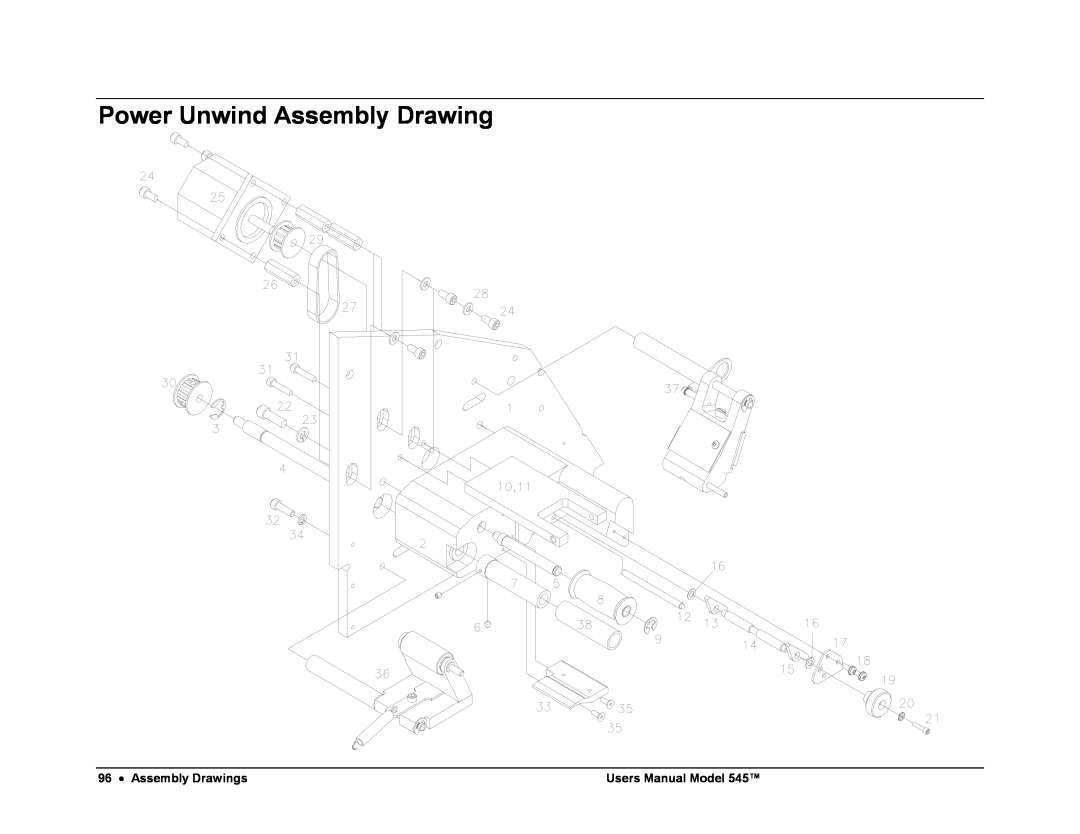 Paxar 545 user manual Power Unwind Assembly Drawing, Assembly Drawings, Users Manual Model 