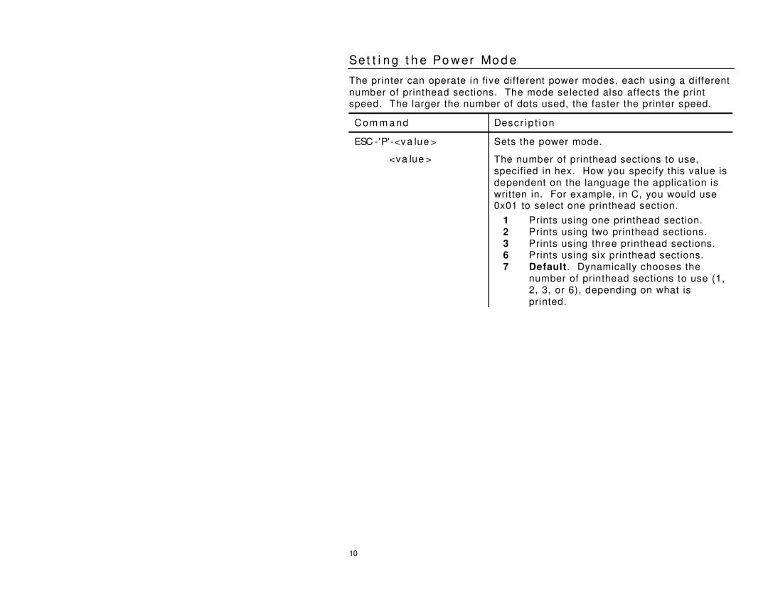 Paxar 6015 manual T t i n g t h e P o w e r M o d e, ESC-P-value, Value 