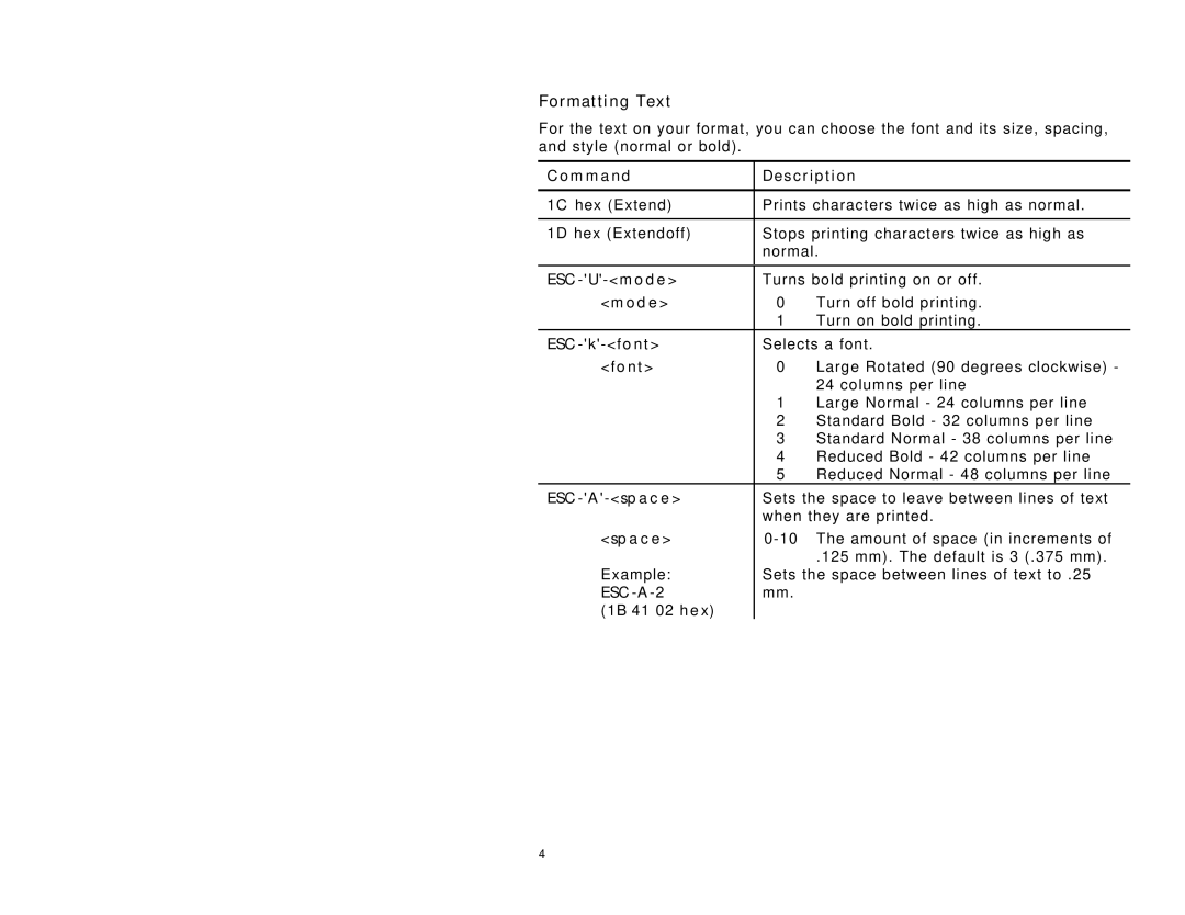 Paxar 6015 manual ESC-U-mode, Mode, ESC-k-font, Font, ESC-A-space, Space, 1B 41 02 hex 