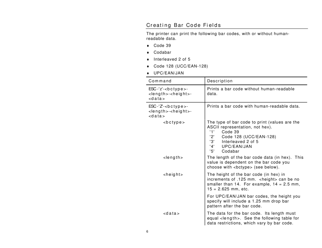 Paxar 6015 manual E a t i n g B a r code F i e l d s, ESC-z-bctype, Length-height, Data ESC-Z-bctype 