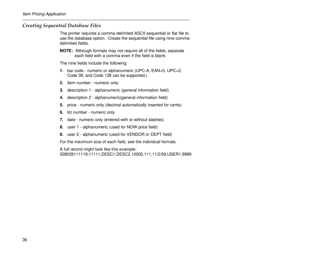 Paxar 6030 manual Creating Sequential Database Files 