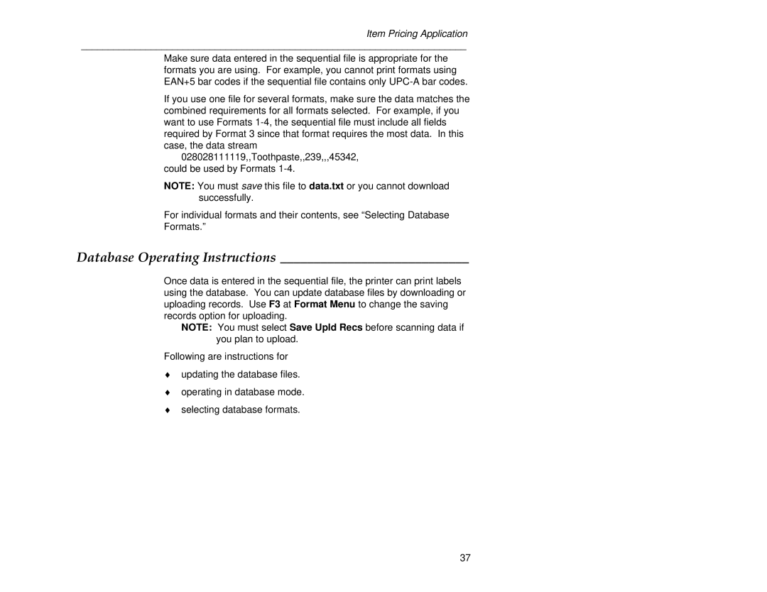 Paxar 6030 manual Database Operating Instructions 