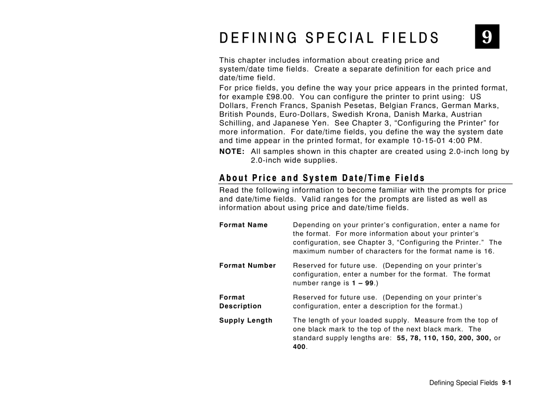 Paxar 6035 manual F I N I N G S P E C I a L F I E L D S, Defining Special Fields 