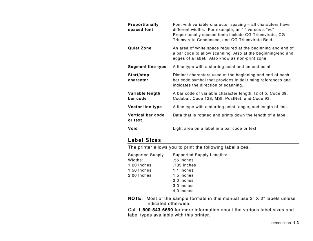 Paxar 6035 manual B e l S i z e s, Printer allows you to print the following label sizes 