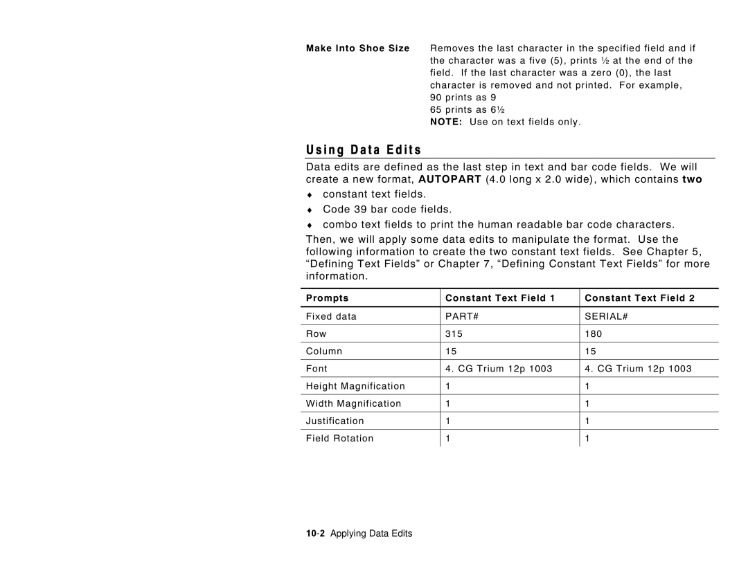 Paxar 6035 manual I n g D a t a E d i t s, Prompts Constant Text Field, Fixed data 