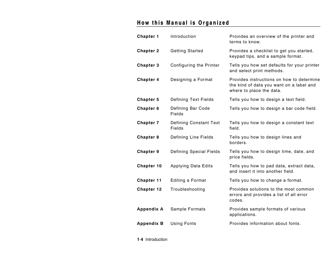 Paxar 6035 manual W t h i s M a n u a l i s O r g a n i z e d, Chapter, Appendix a, Appendix B 