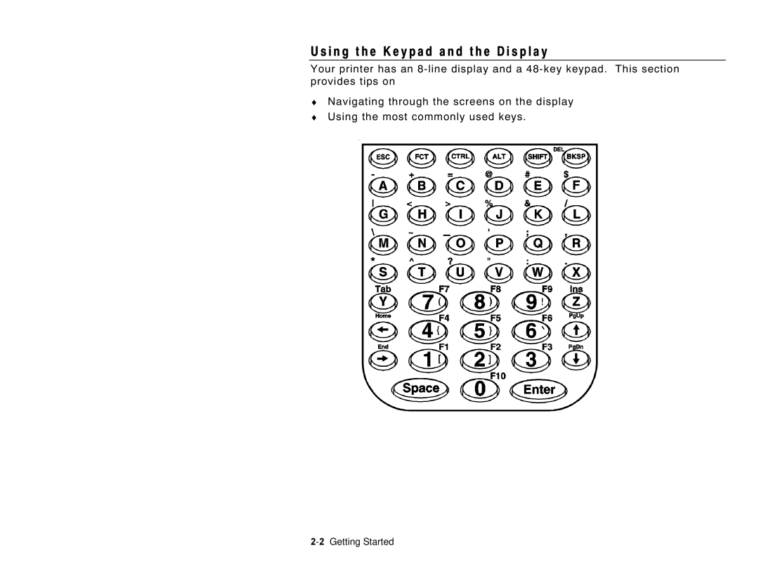 Paxar 6035 manual I n g t h e K e y p a d a n d t h e D i s p l a y, 2Getting Started 