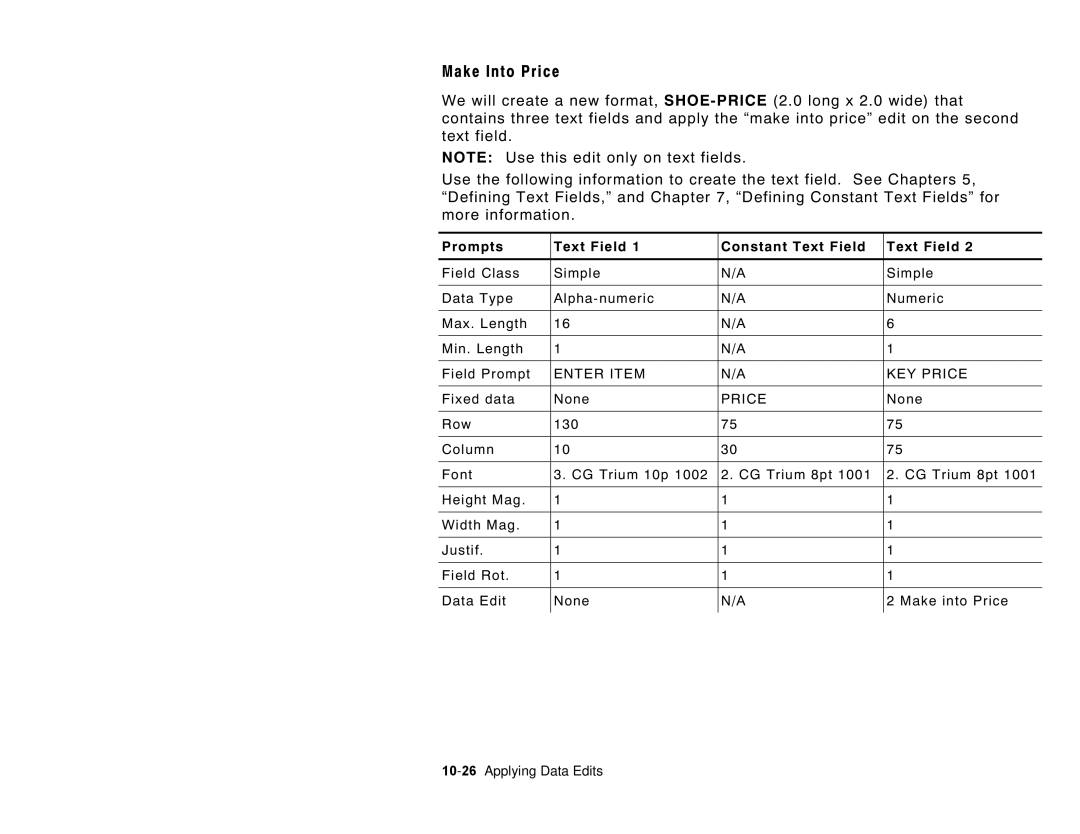 Paxar 6035 manual Make Into Price, Prompts Text Field Constant Text Field, Fixed data None 