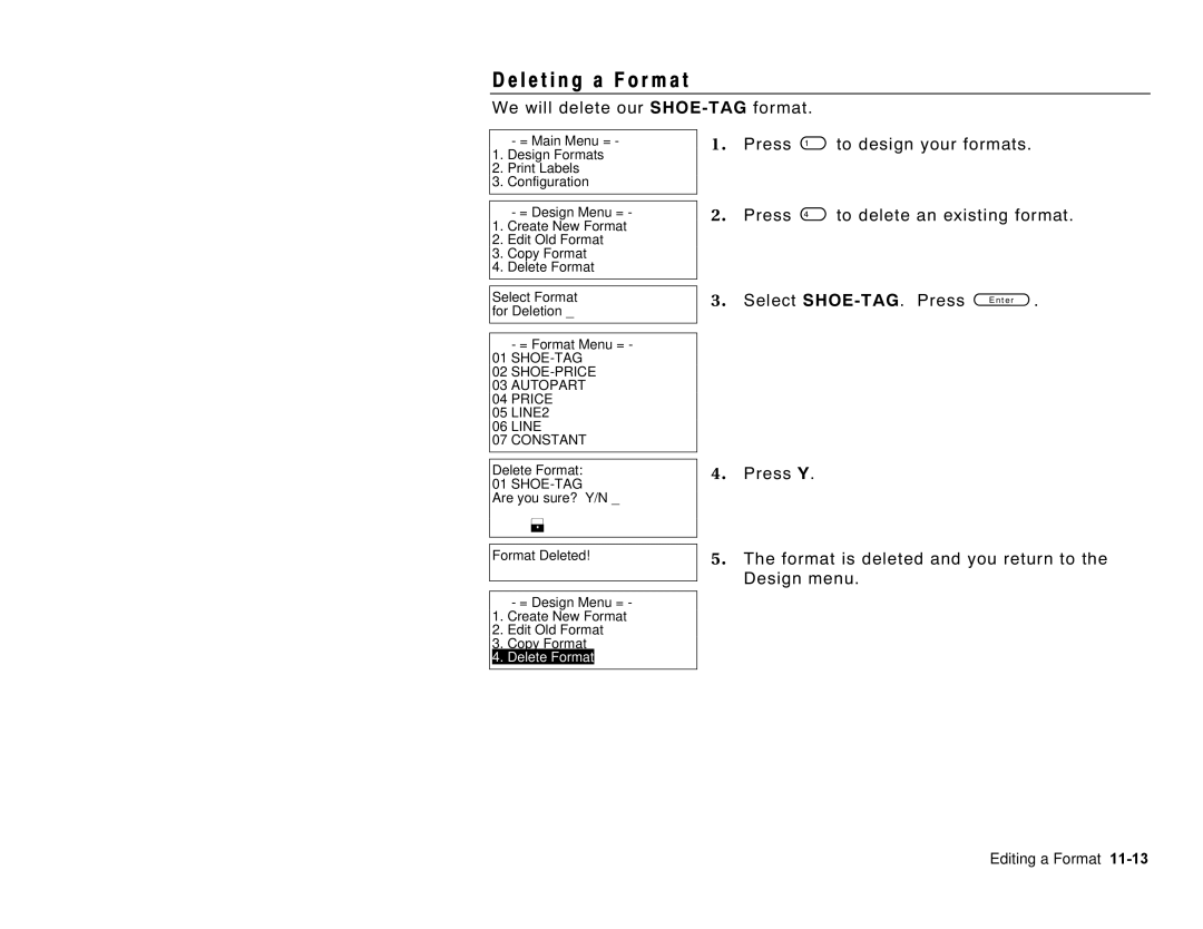 Paxar 6035 manual L e t i n g a F o r m a t, We will delete our SHOE-TAGformat, Press To delete an existing format 