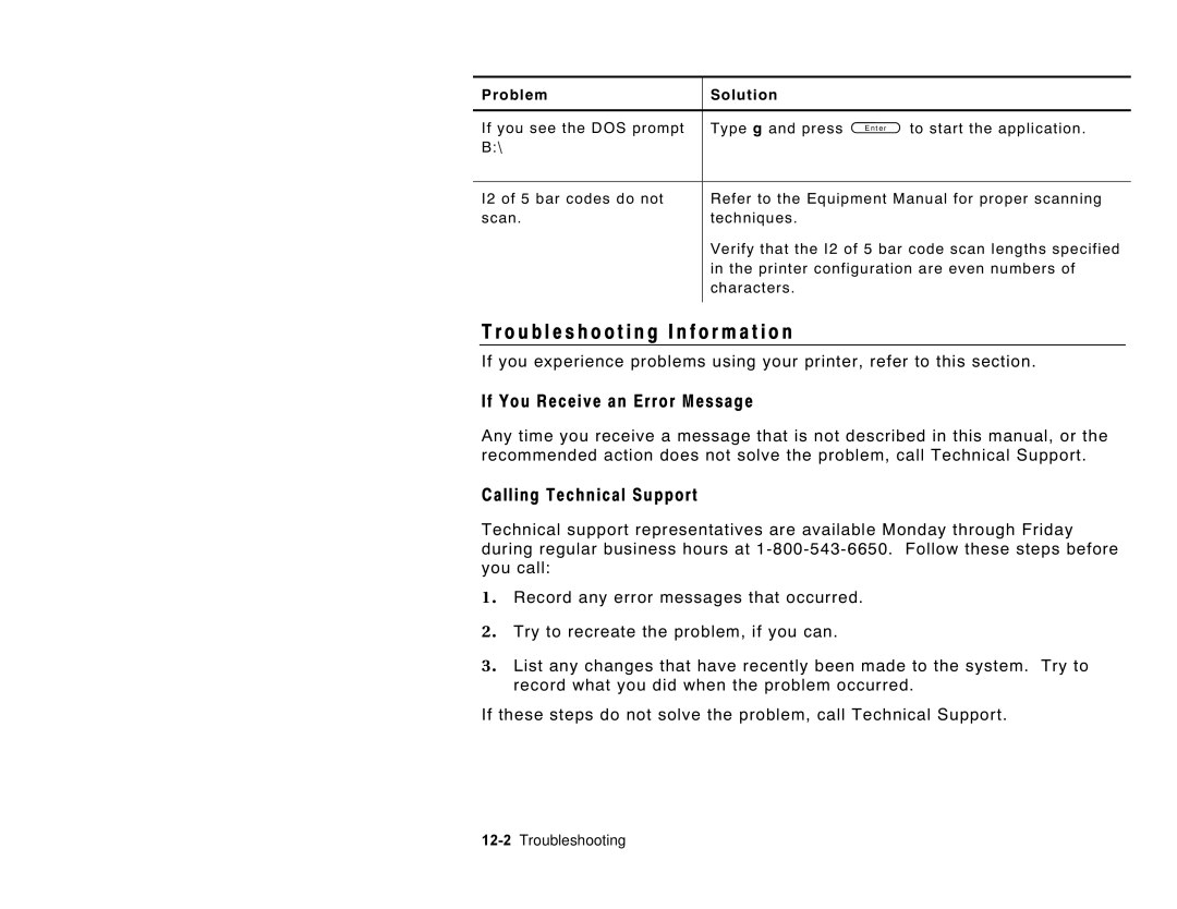 Paxar 6035 manual Troubleshooting I n f o r m a t i o n, If You Receive an Error Message, Calling Technical Support 