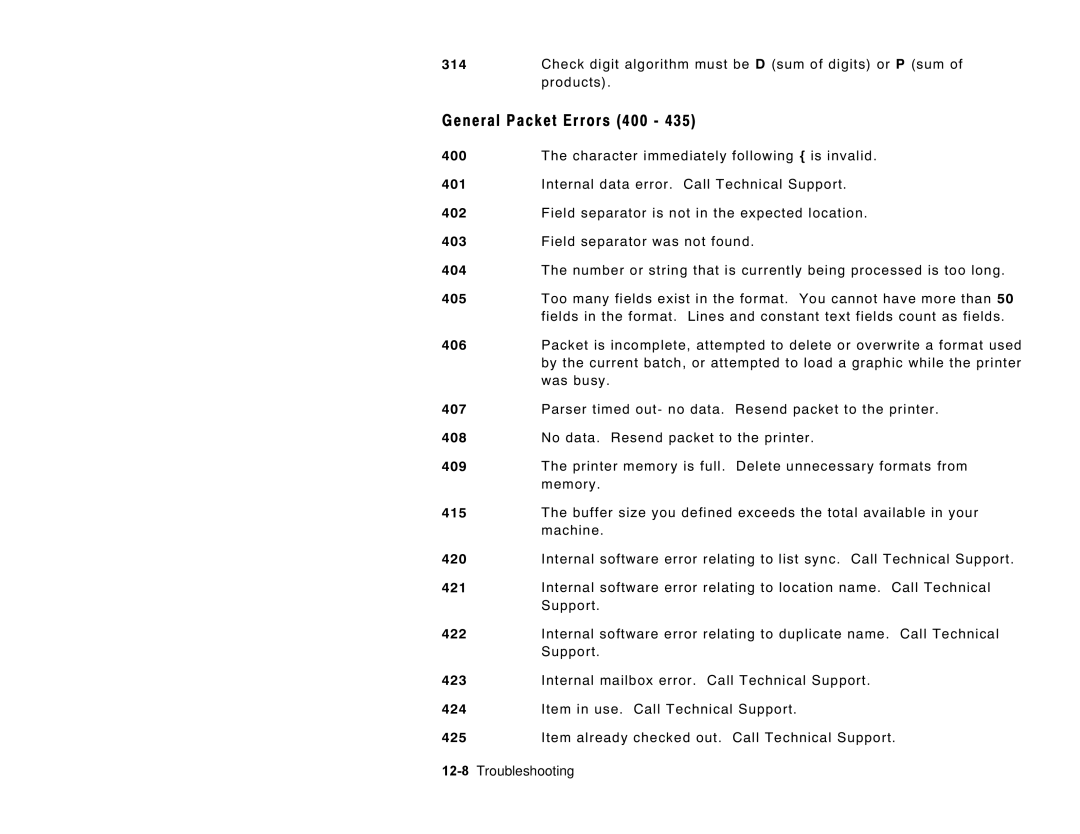 Paxar 6035 manual General Packet Errors 400 