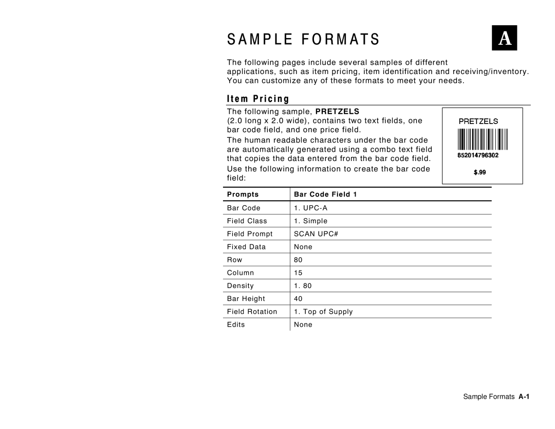 Paxar 6035 manual E m P r i c i n g, Field Class Simple Field Prompt 