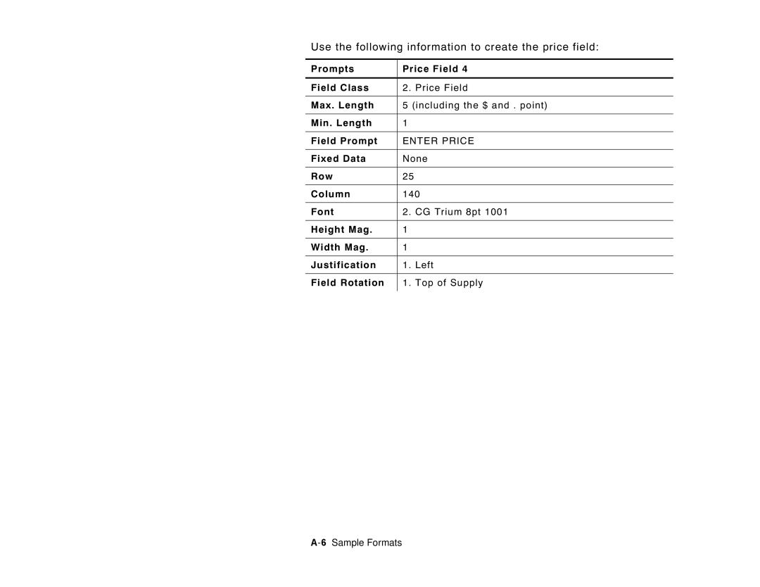 Paxar 6035 manual Prompts Price Field Field Class, Max. Length, Min. Length Field Prompt, Row Column 